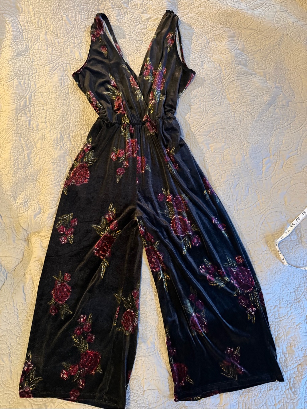 Xhilaration Whimsigoth Womenโs Black Floral Velvet Jumpsuit with Plunge V-Neck